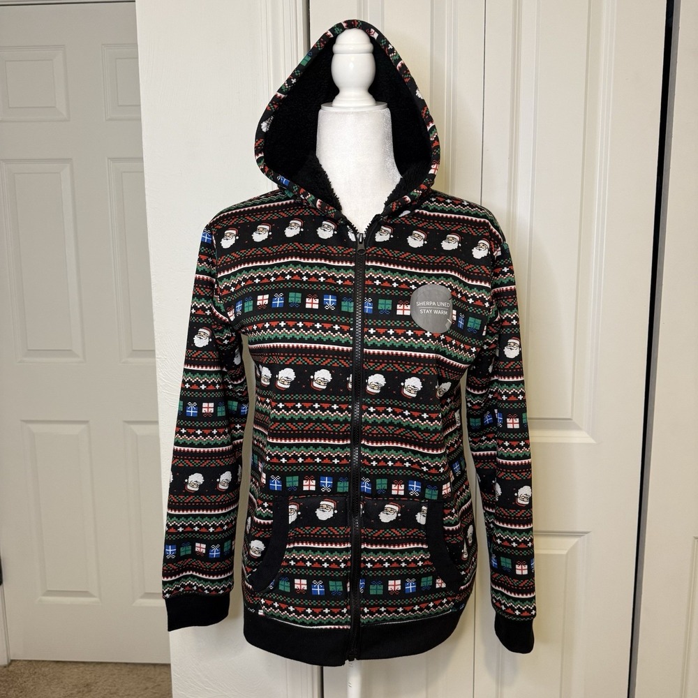 Berkley Jensen Christmas Hoodie Jacket Juniors Sz 14-16 Santa Cozy Plush Lined